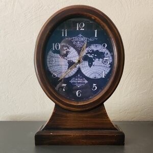 Elegant Brown Wooden Table Clock with World Map Design